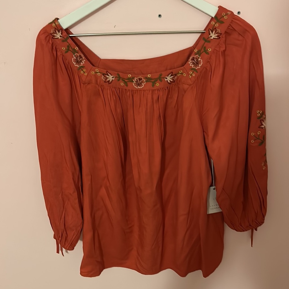 NWT Lauren Conrad Embroidered Coral Square Neck Top